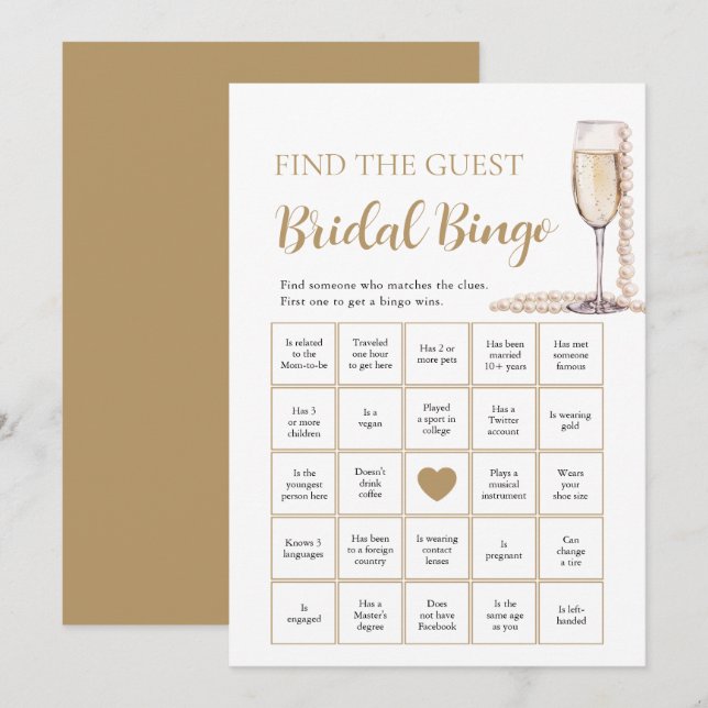 Pearls & Prosecco Find the Guest Bridal Bingo Game Invitation (Front/Back)