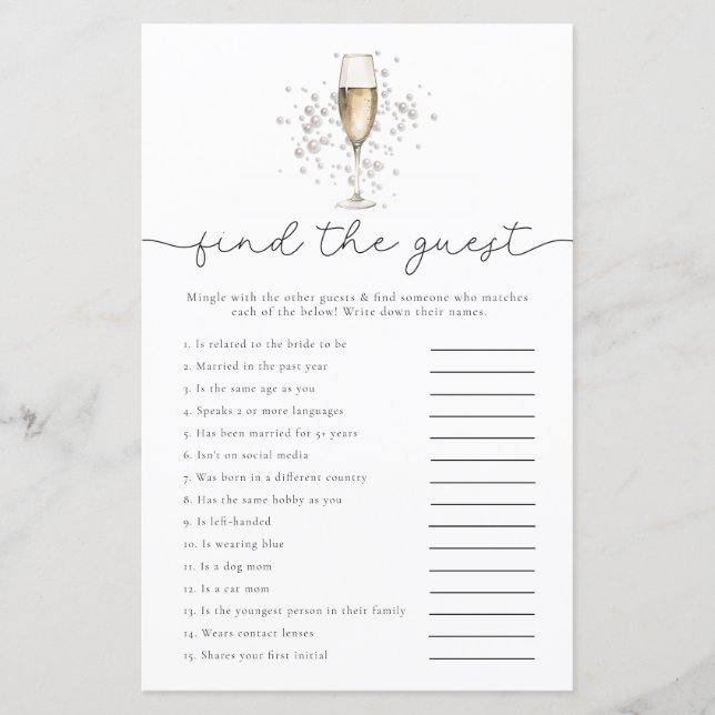 Pearls Prosecco Find The Guest Bridal Shower Game (Front)