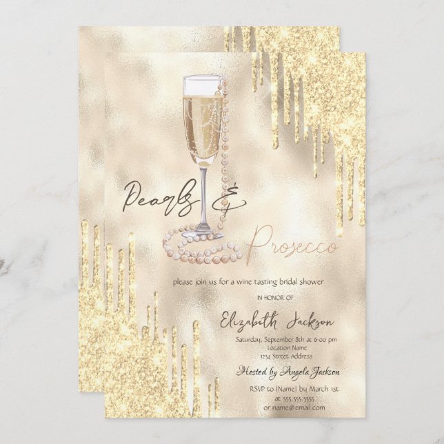Pearls Prosecco Gold Glitter Drips Bridal Shower  Invitation (Front/Back)