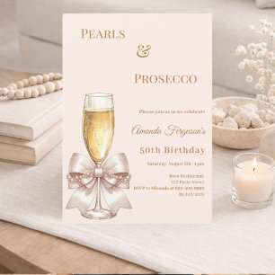 Pearls Prosecco ivory blush bow elegant birthday  Invitation