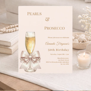 Pearls Prosecco ivory bow birthday invitation