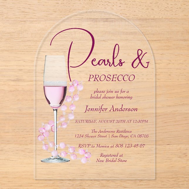 Pearls & Prosecco Modern Elegant Bridal Shower Acrylic Invitations (Front)