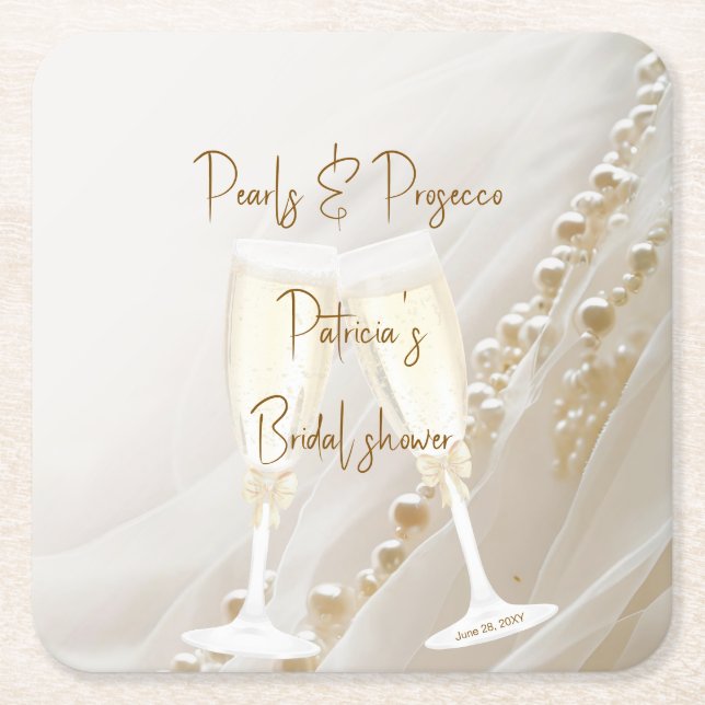 Pearls & Prosecco Modern Elegant  Square Paper Coaster (Front)