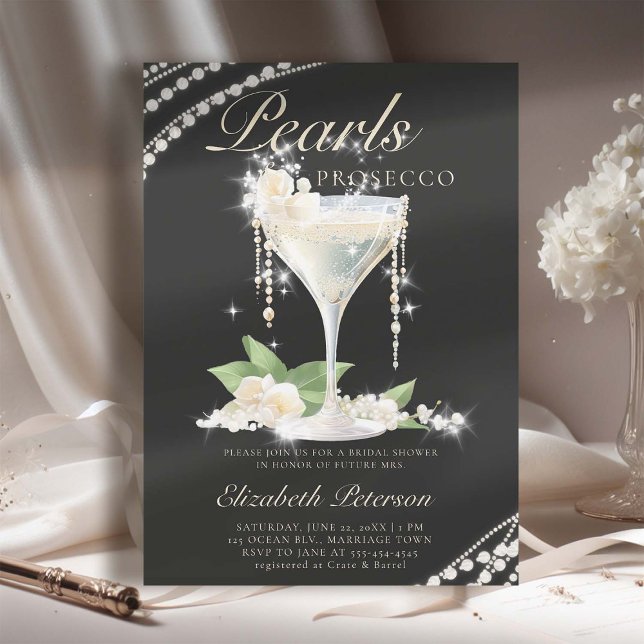 Pearls Prosecco Petals Black Elegant Bridal Shower Invitation (pearls prosecco petals bridal shower invitation brunch template card champagne watercolor black)