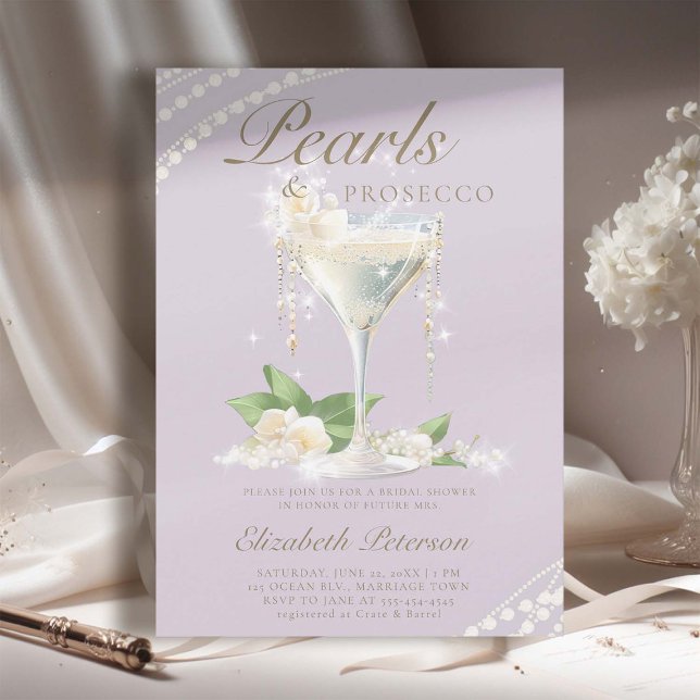 Pearls Prosecco Petals Lilac Elegant Bridal Shower Invitation (pearls prosecco petals bridal shower invitation brunch template card champagne watercolor lilac)