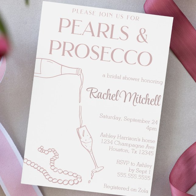 Pearls & Prosecco Pink Bridal / Lingerie Shower Invitation (pearls and Prosecco bridal or lingerie shower invitation cute handdrawn champagne pearls invite)