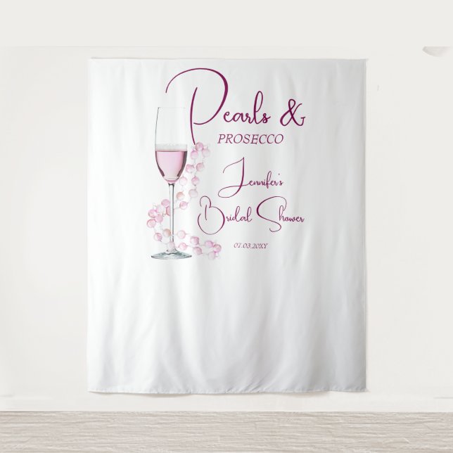 Pearls Prosecco Pink Modern Bridal Shower Backdrop Tapestry (Front)