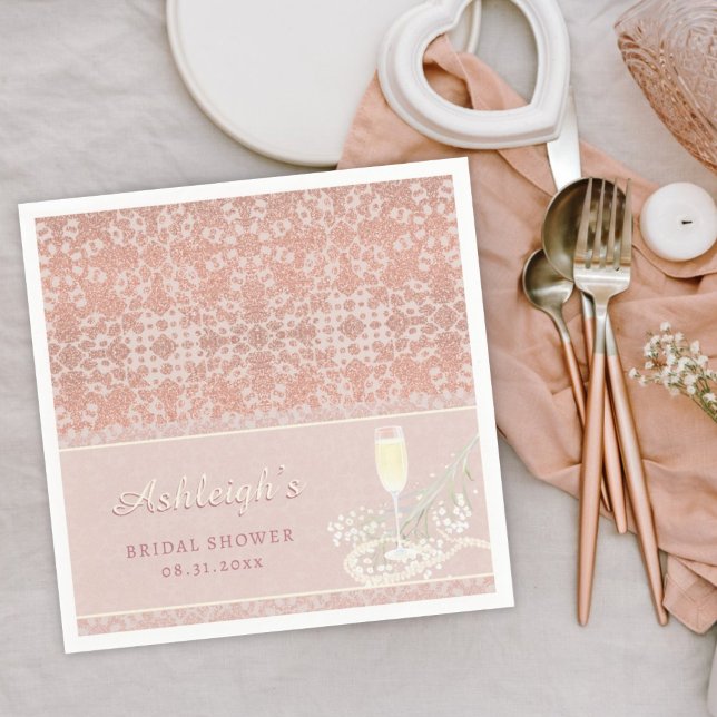 Pearls & Prosecco Rose Gold & Blush Bridal Shower Napkin (Creator Uploaded)