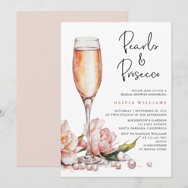 Pearls & Prosecco Watercolor Bridal Shower Invitation (Front/Back)