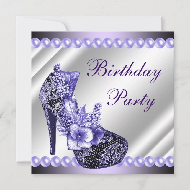 Pearls Purple High Heels Shoes Birthday Party Invitation (Front)