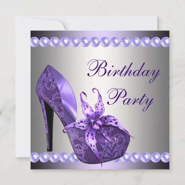 Pearls Purple High Heels Shoes Birthday Party Invitation (Front)