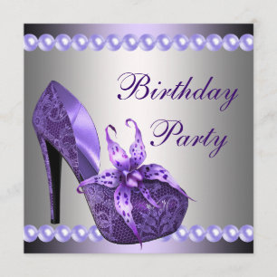 Pearls Purple High Heels Shoes Birthday Party Invitation