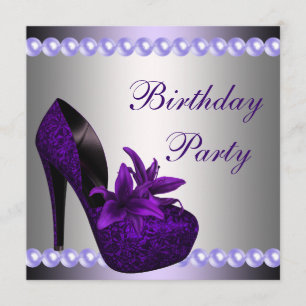 Pearls Purple High Heels Shoes Birthday Party Invitation