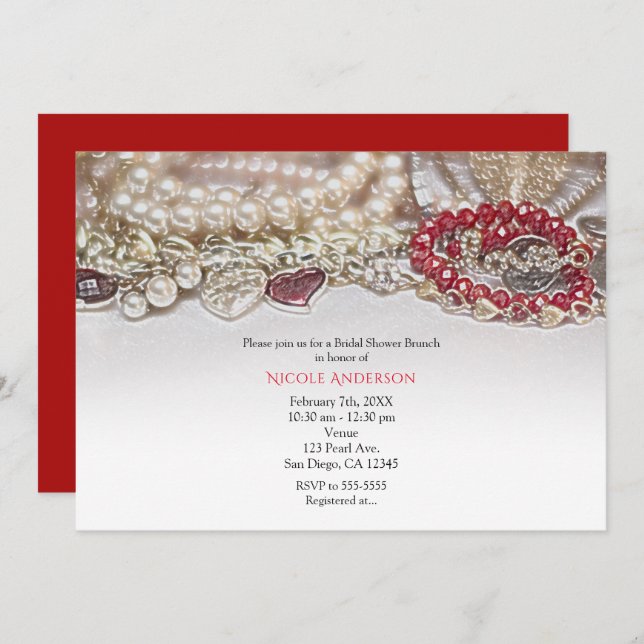 Pearls & Red Valentine Love Jewels Bridal Shower Invitation (Front/Back)