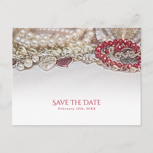Pearls & Red Valentine Love Jewels Save the Date Announcement Postcard (Front)