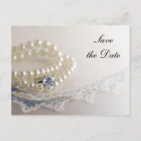 Pearls, Ring and Blue Lace Wedding Save the Date
