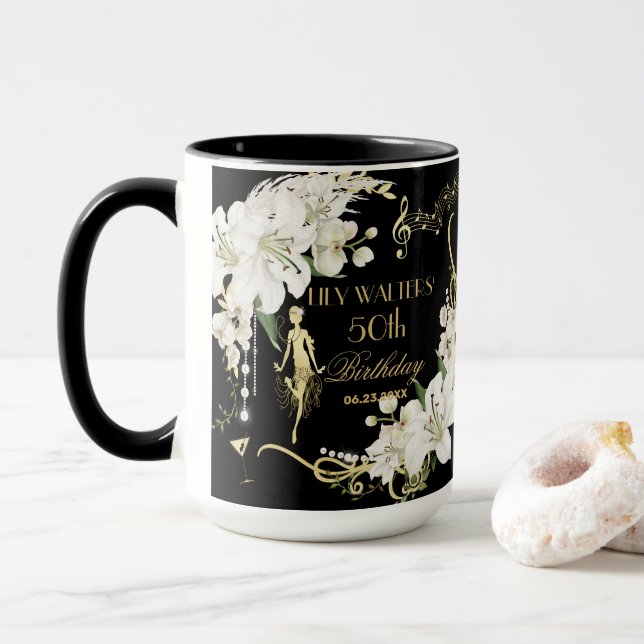 Pearls White Floral Art Deco Gatsby 20s Birthday  Mug (With Donut)