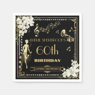Pearls White Floral Art Deco Gatsby 20s Birthday Napkin