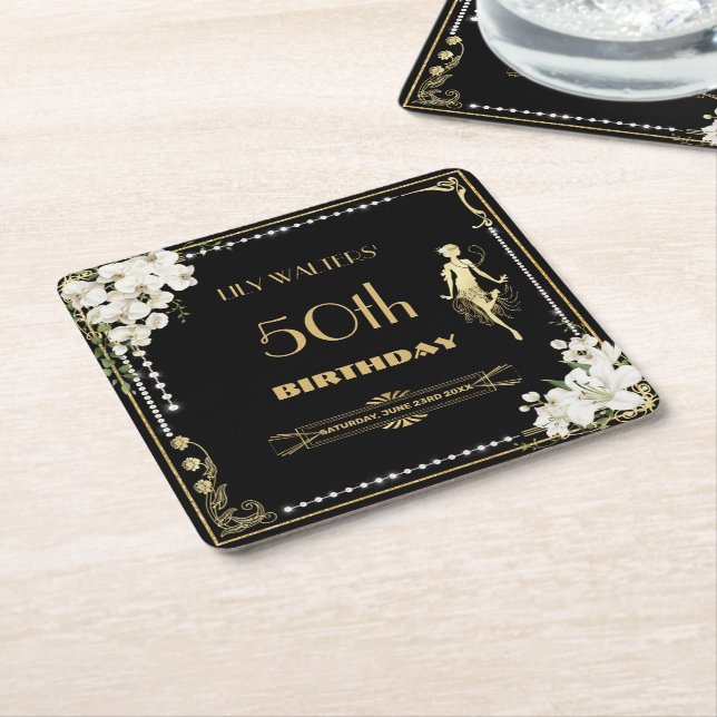 Pearls White Floral Art Deco Gatsby 20s Birthday  Square Paper Coaster (Angled)