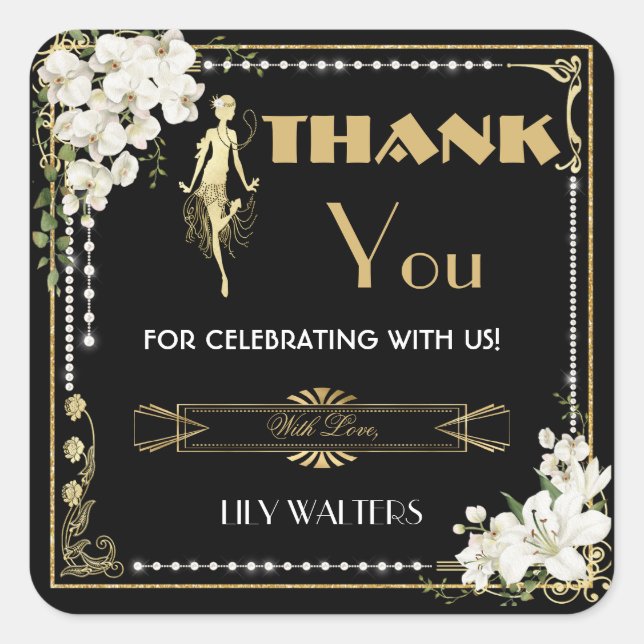 Pearls White Floral Art Deco Gatsby 20s Birthday  Square Sticker (Front)