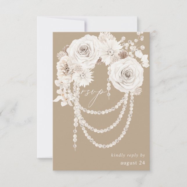 Pearls & White Floral w Meal RSVP - Beige Card (Front)