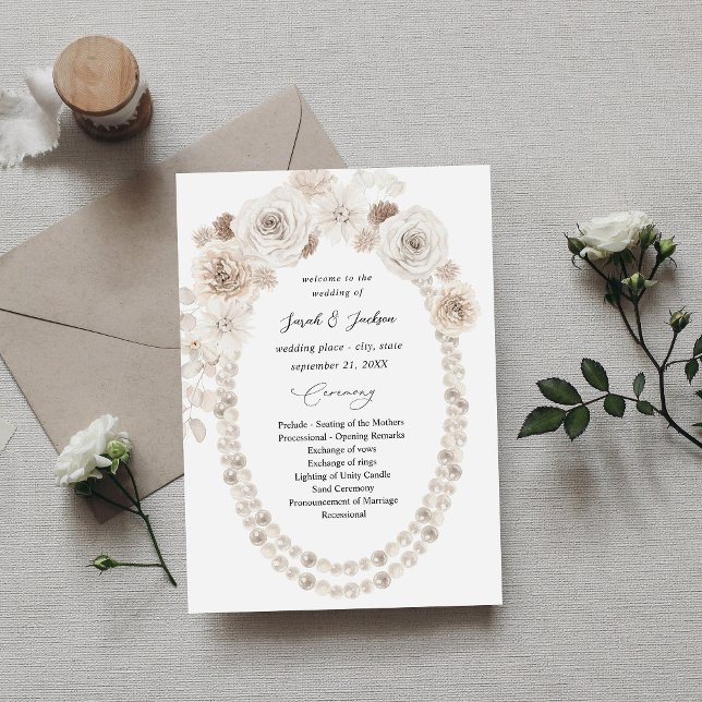 Pearls & White Floral Wedding Ceremony Program (Creator Uploaded)