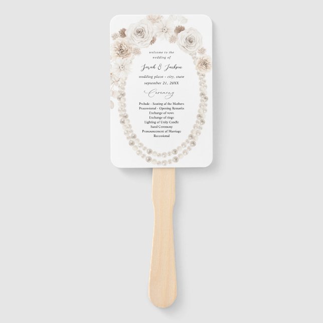Pearls & White Floral Wedding Program Hand Fan (Front)