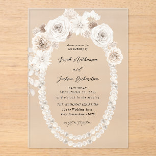 Pearls & White Floral Wedding V2 Acrylic Invitations