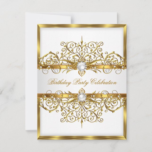 Pearls White Gold Elegant Birthday Party 3 Invitation (Front)