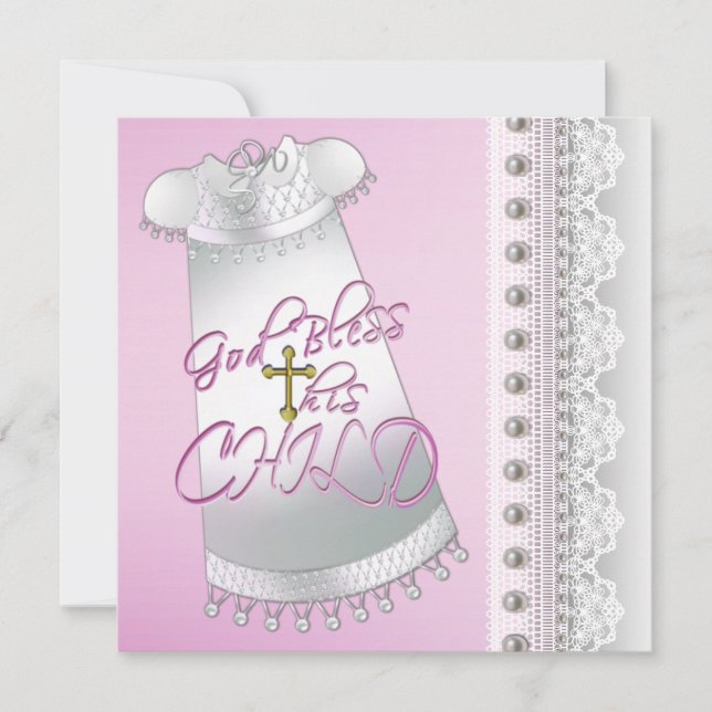 Pearls White Gown Baby Girl Christening Invitation (Front)