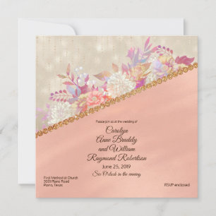 Pearly Coral Ivory and Gold Floral Square Wedding Invitation