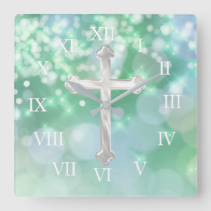Pearly Cross with Aqua Sparkle Square Wall Clock