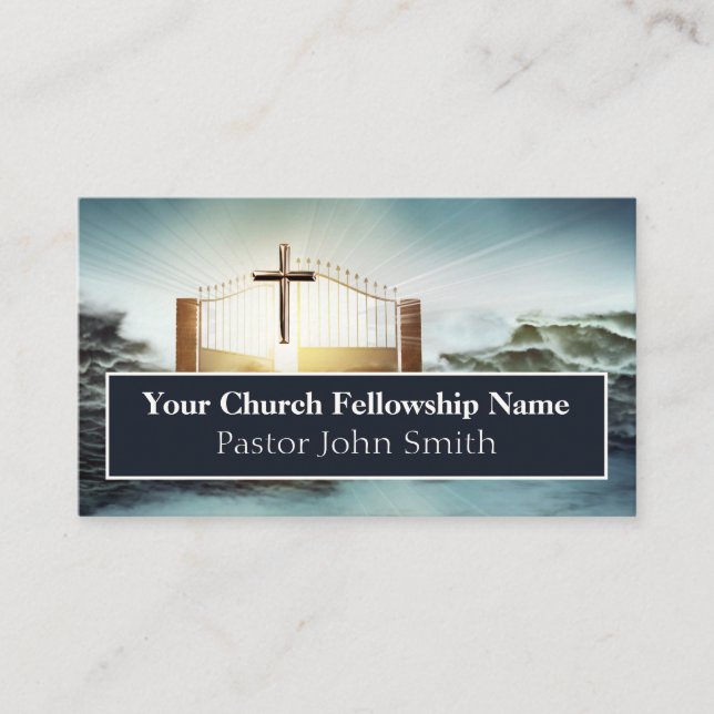 Pearly Gates Gold Cross Church Business Cards (Front)