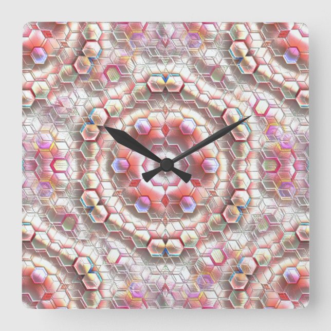 Pearly hexagon forming a soft relief cube illusion square wall clock (Front)