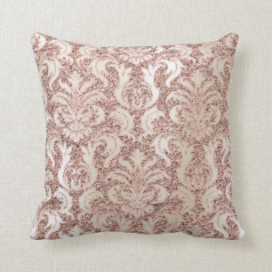 Pearly Ivory Damask Pink Rose Gold Glitter Metalli Cushion