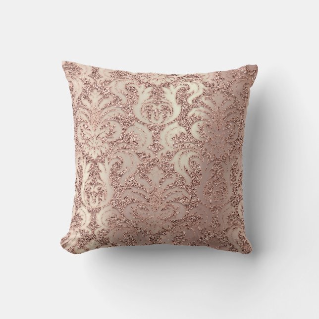 Pearly Metal Damask Pink Rose Gold Blush Glitter Cushion (Front)