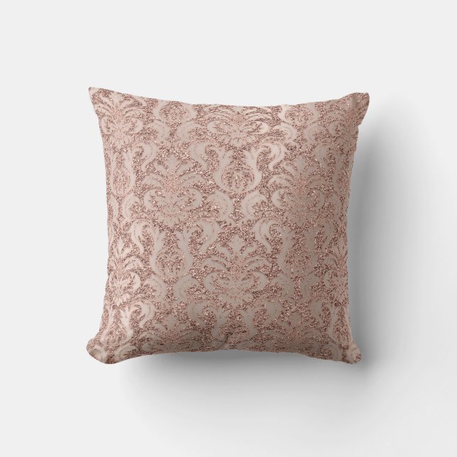 Pearly Metal Damask Pink Rose Gold Glitter Luxury Cushion (Front)