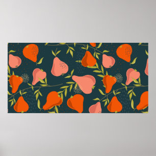 Pears and leaves background. Hand drawn overlappin Poster