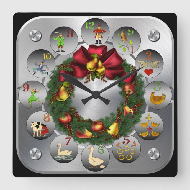 Pears & Apples Wreath ~ The 12 Days Of Christmas ~ Square Wall Clock (Front)