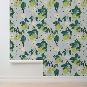 Pears & Bees in a Botanical Floral Garden Kitchen Wallpaper