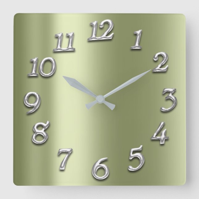 Peas Green Metallic Arabic Numbers Silver Grey Square Wall Clock (Front)