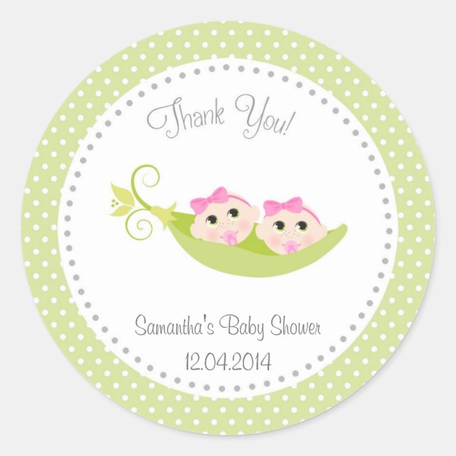 Peas In A Pod Baby Shower Sticker Green Twin Girls (Front)