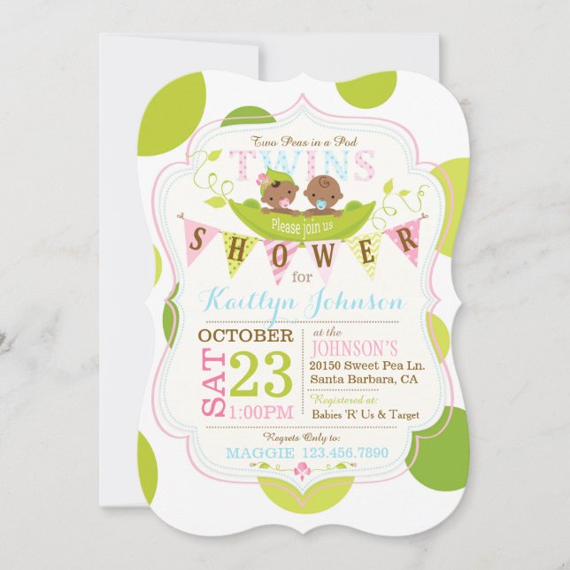Peas in a Pod Light African Twins Baby Shower Invitation (Front)