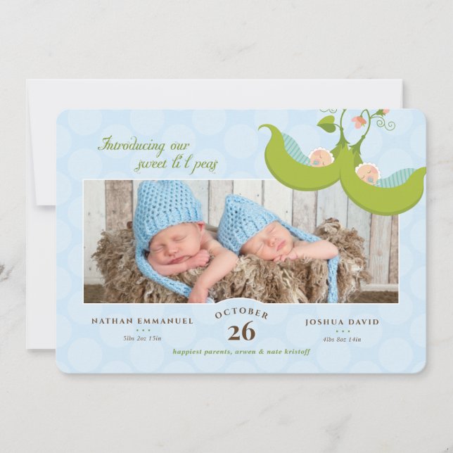 Peas in a Pod Twin Boys 1 Pic Birth Announcement (Front)
