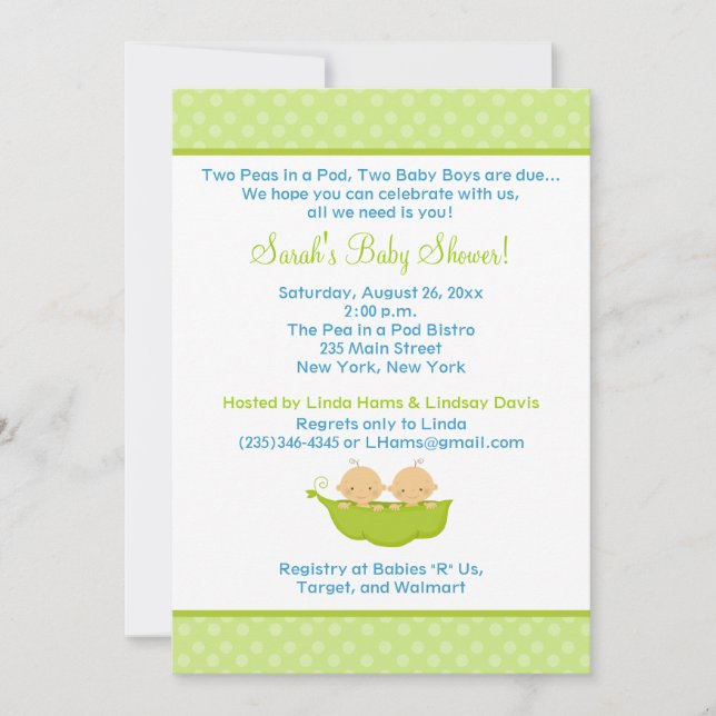 Peas in a Pod Twin Boys 5x7 Baby Shower Invite (Front)