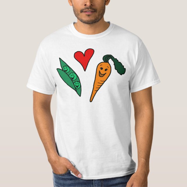 Peas Love Carrots, Cute Green and Orange Design T-Shirt (Front)