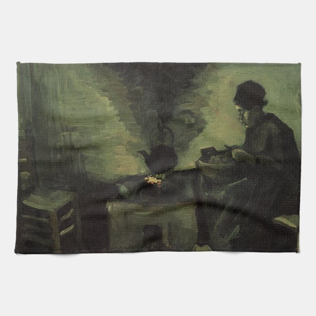 Peasant Woman by Fireplace by Vincent van Gogh Tea Towel (Horizontal)