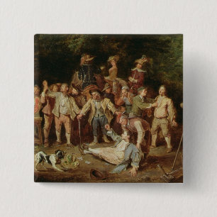 Peasants Brawling Outside a Tavern (oil on panel) 15 Cm Square Badge
