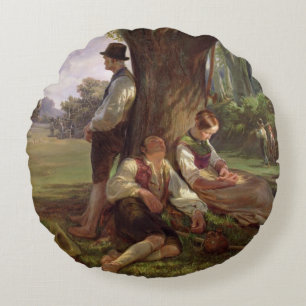 Peasants having a Siesta, 1841 Round Cushion