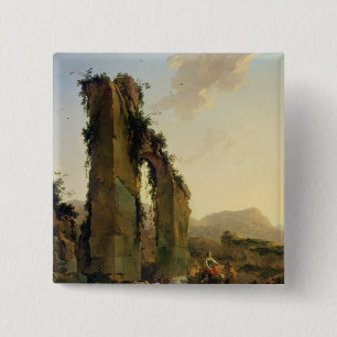 Peasants with Cattle by a Ruined Aqueduct 15 Cm Square Badge